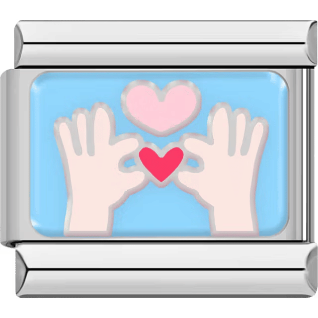 Two hands forming a heart shape with a pink heart above and a red heart in the center on a light blue background.